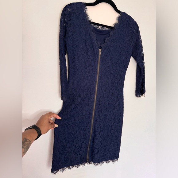 Diane Von Furstenberg Dress Blue Lace Narita Quarter Sleeve Back Zip Silk Midi - Picture 5 of 6